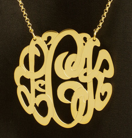 Solid 14k Gold Monogram Script Necklace ~ 3 initial cutout - 1